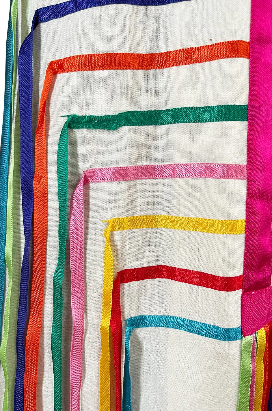 Joyful 1960s Josefa Mexico Rainbow Ribbon on Ivory Cotton Caftan Dress w Zip Front