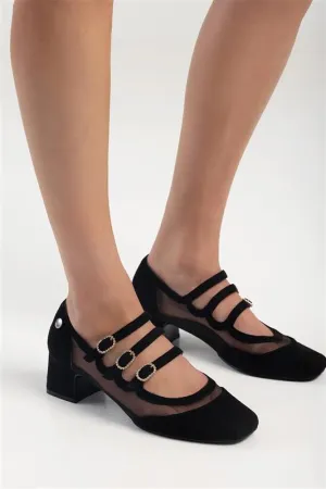 Junebug Mesh Strappy Diamante Mary Jane - Black