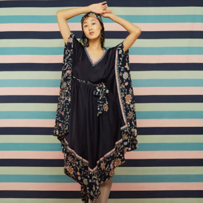 KAFTAN- PERSIAN BLUE SATIN KAFTAN WITH FLORAL PRINT TRIMMING AND BELT