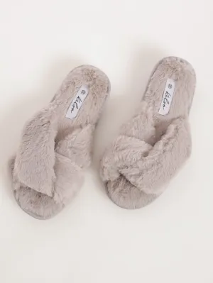 Ladies Cross-Over Double Band Open Toe Slipper - Grey
