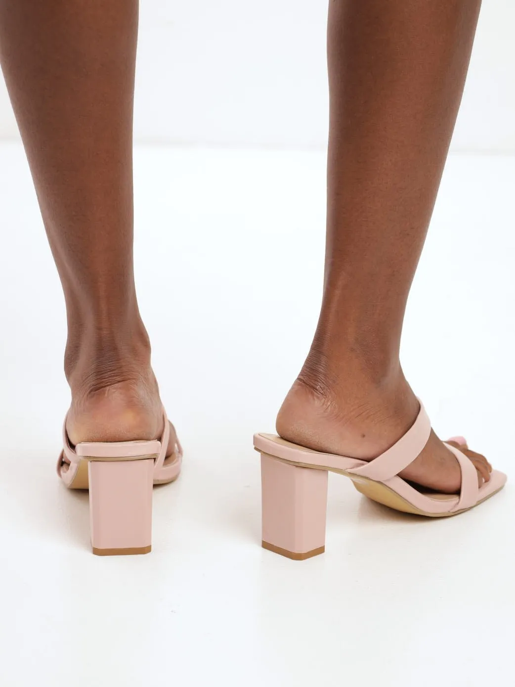 Ladies Mid Block Assymetrical Strappy Mule Heel - Blush
