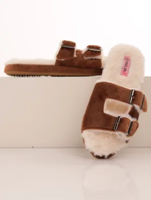 Ladies Open Toe Double Strap Platform Slipper - Brown