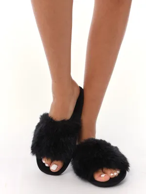 Ladies Open Toe Feather Mule Slipper - Black
