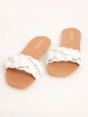 Ladies Puffy Woven Mule Sandal - White