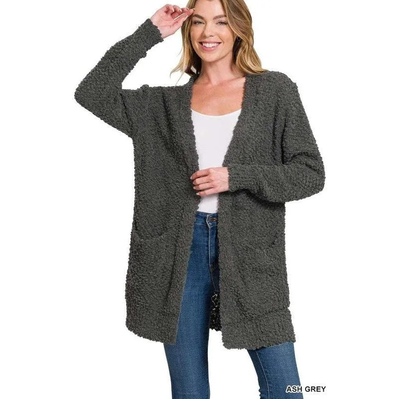 Long Sleeve Popcorn Sweater Cardigan with Pockets