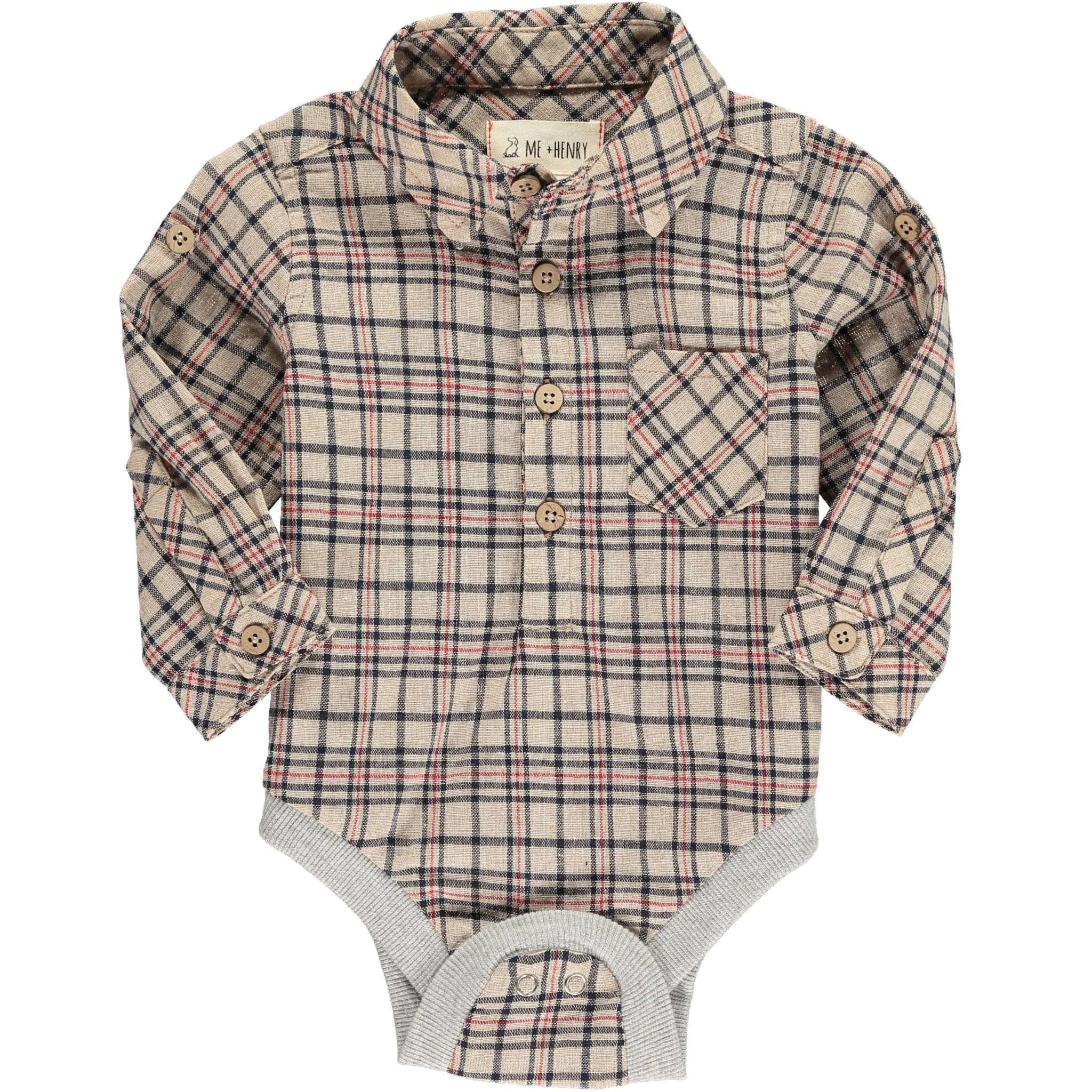 Me & Henry Beige Woven Plaid Onesie