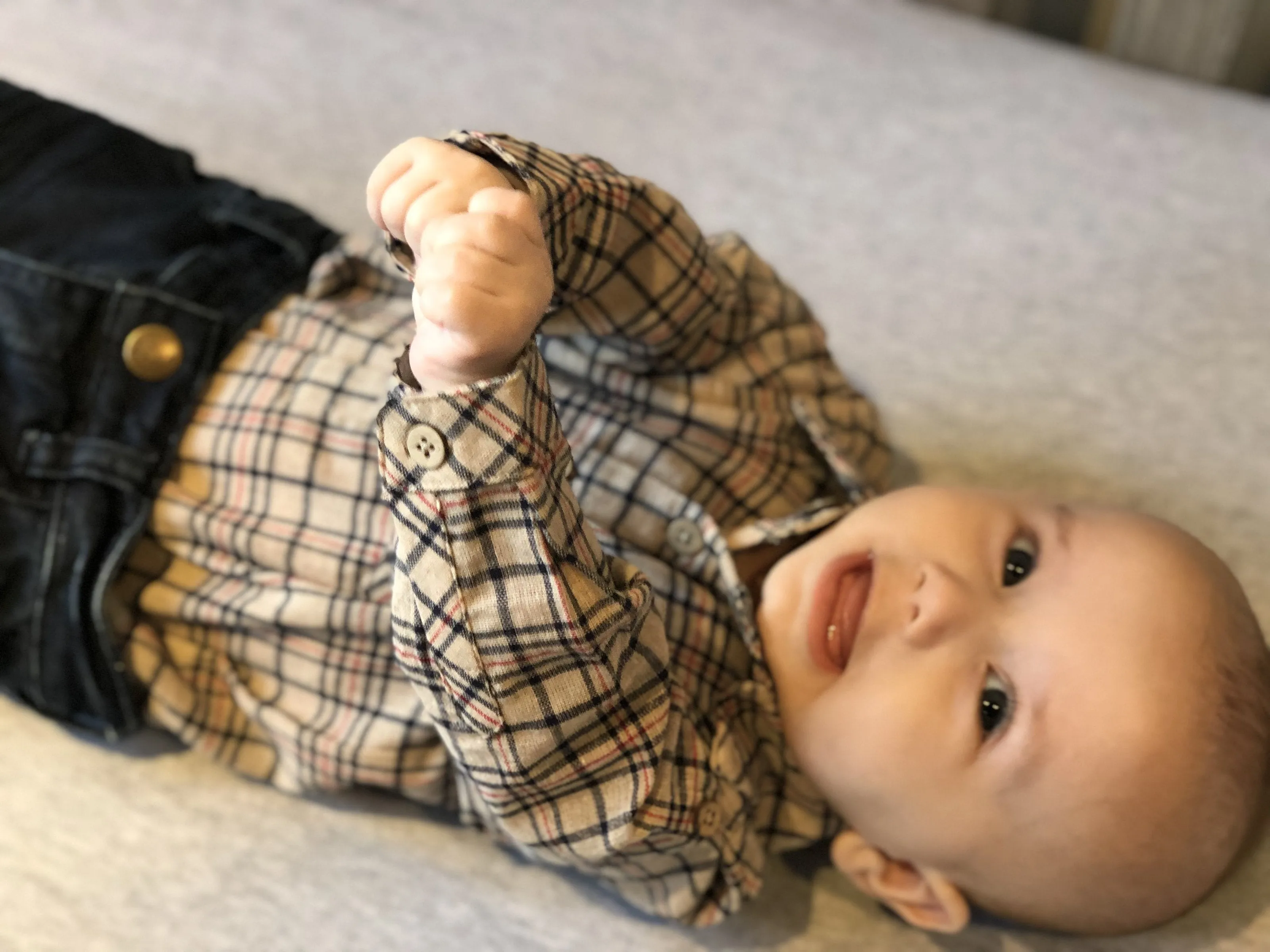 Me & Henry Beige Woven Plaid Onesie