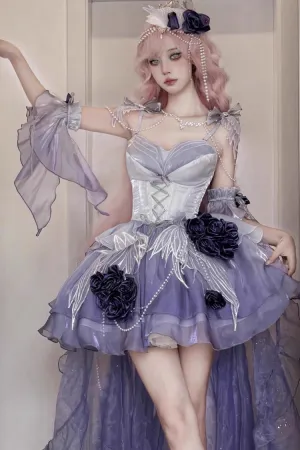 Misty Purple [Swan Wonderland] Embroidery Bowknot Lace-Up Sweet Ballet Lolita Jsk Dress Short Version