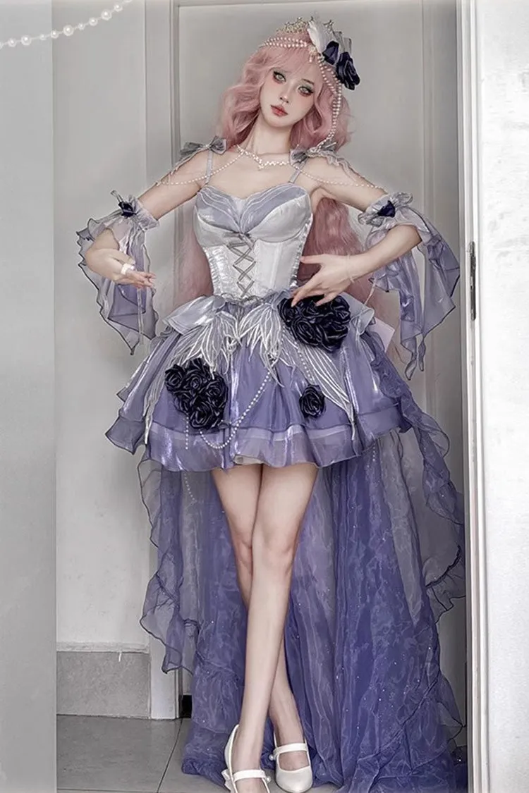 Misty Purple [Swan Wonderland] Embroidery Bowknot Lace-Up Sweet Ballet Lolita Jsk Dress Short Version