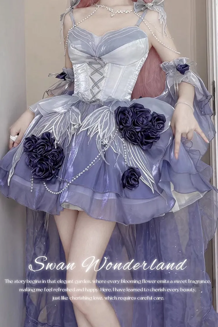 Misty Purple [Swan Wonderland] Embroidery Bowknot Lace-Up Sweet Ballet Lolita Jsk Dress Short Version