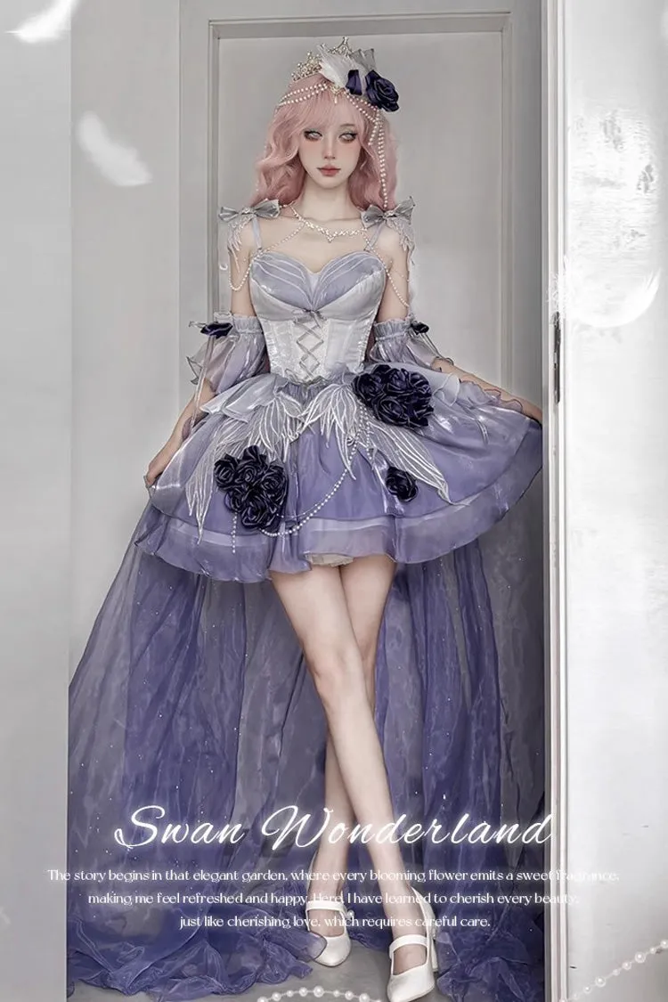 Misty Purple [Swan Wonderland] Embroidery Bowknot Lace-Up Sweet Ballet Lolita Jsk Dress Short Version