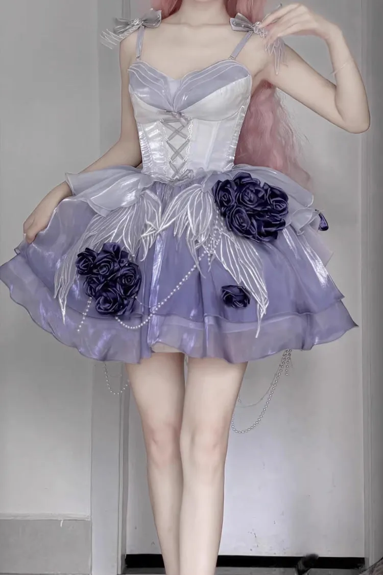 Misty Purple [Swan Wonderland] Embroidery Bowknot Lace-Up Sweet Ballet Lolita Jsk Dress Short Version