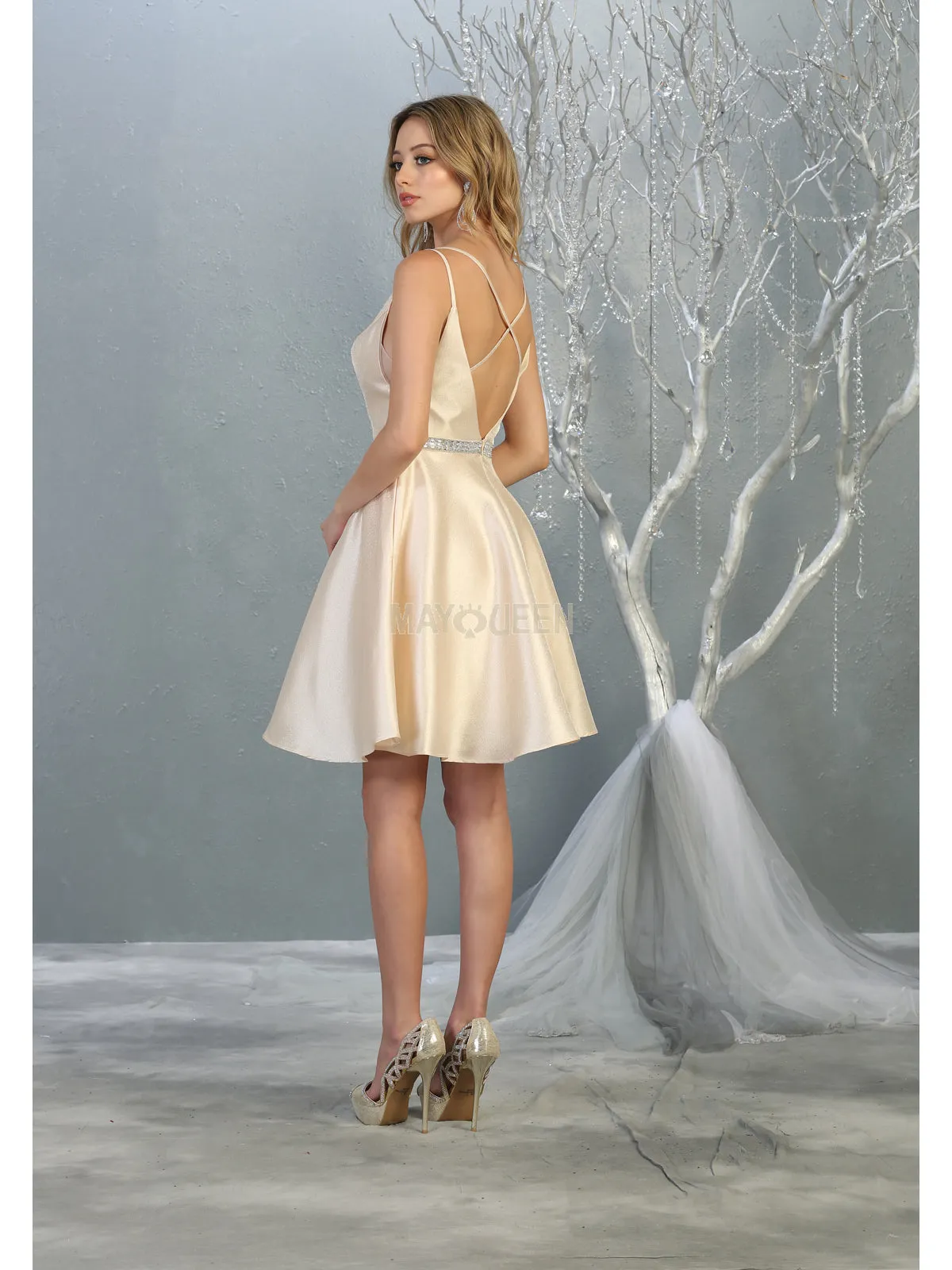 MQ 1775 - Iridescent V-Neck Homecoming Dress with Sheer V-Sides Strappy V-Back Side Pockets & Rhinestone Belt
