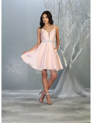 MQ 1775 - Iridescent V-Neck Homecoming Dress with Sheer V-Sides Strappy V-Back Side Pockets & Rhinestone Belt