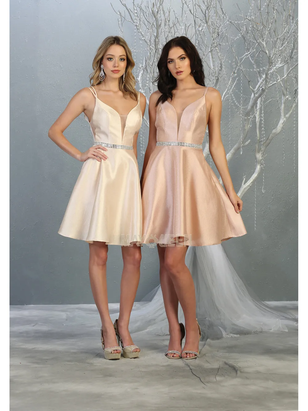 MQ 1775 - Iridescent V-Neck Homecoming Dress with Sheer V-Sides Strappy V-Back Side Pockets & Rhinestone Belt