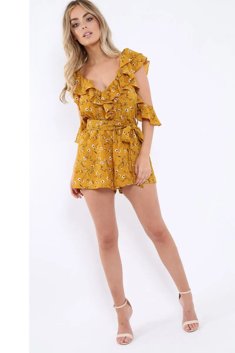 Mustard Floral Cold Shoulder Playsuit - Arlene