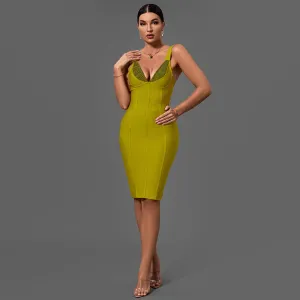 Mustard Strappy Midi Bandage Dress