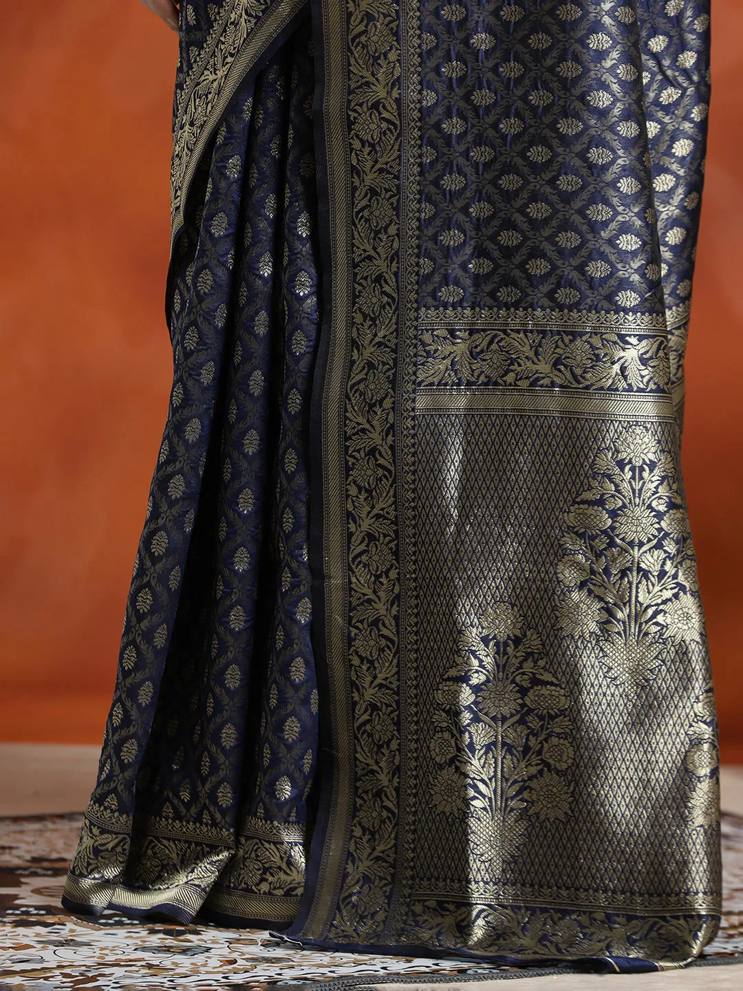 Navy Blue Silk Banarasi Zari Woven Heavy Saree