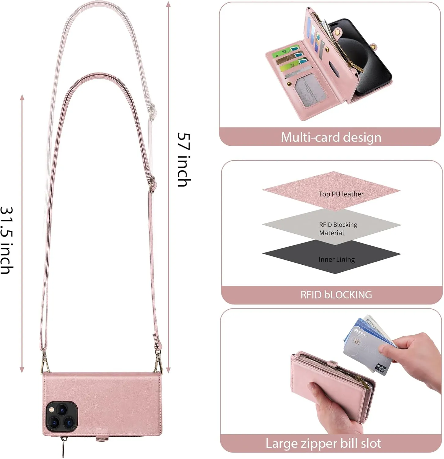 NEW MInCYB for iPhone 14 Pro Max Wallet Case with Card Holder (12 Card Slots) - PU Leather Case for Women & Men, Wireless Charging, Detachable Magnetic, Crossbody Strap, Shockproof Protective Phone Cover., iPhone 14 Pro Max, Pink