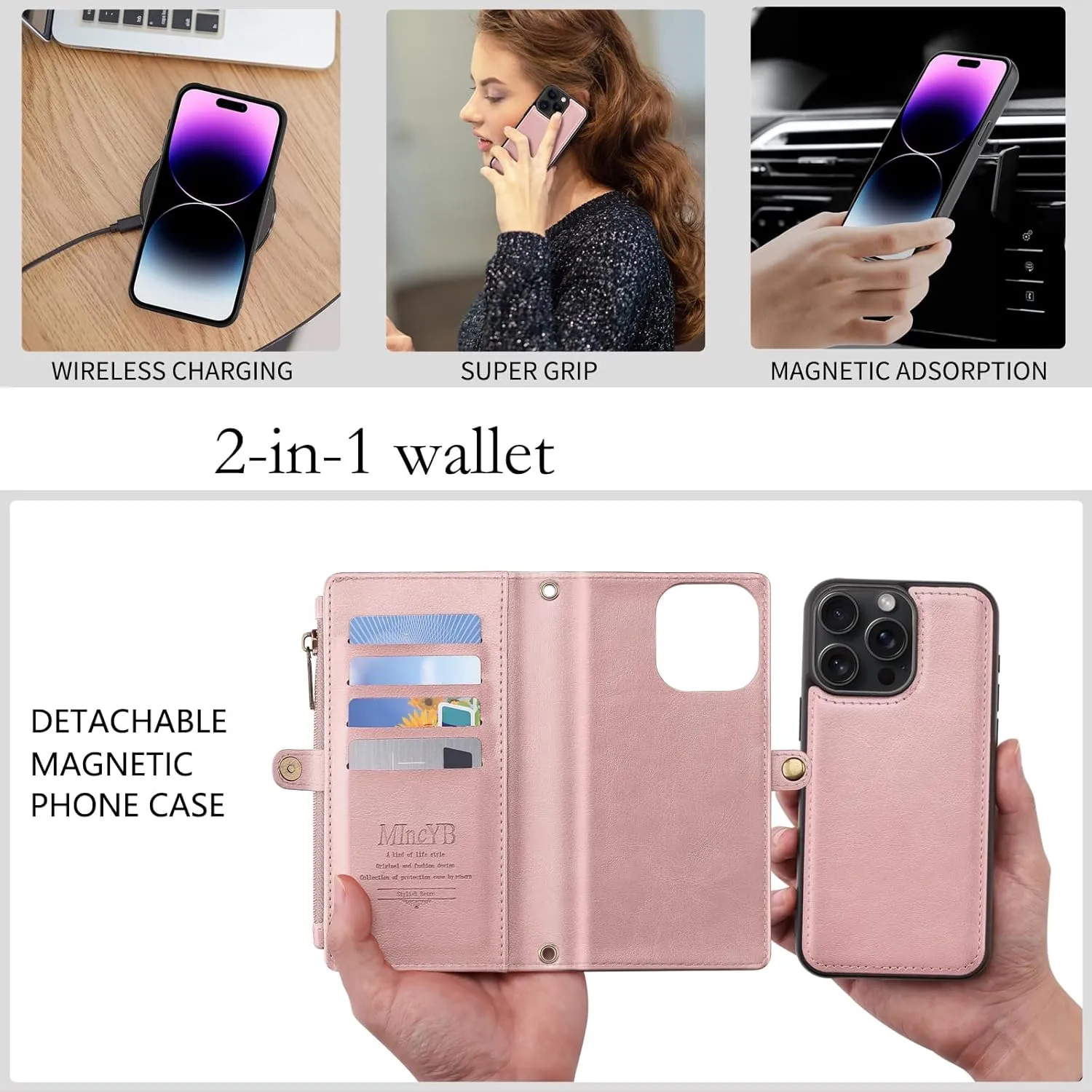 NEW MInCYB for iPhone 14 Pro Max Wallet Case with Card Holder (12 Card Slots) - PU Leather Case for Women & Men, Wireless Charging, Detachable Magnetic, Crossbody Strap, Shockproof Protective Phone Cover., iPhone 14 Pro Max, Pink