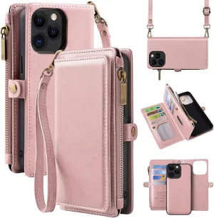 NEW MInCYB for iPhone 14 Pro Max Wallet Case with Card Holder (12 Card Slots) - PU Leather Case for Women & Men, Wireless Charging, Detachable Magnetic, Crossbody Strap, Shockproof Protective Phone Cover., iPhone 14 Pro Max, Pink