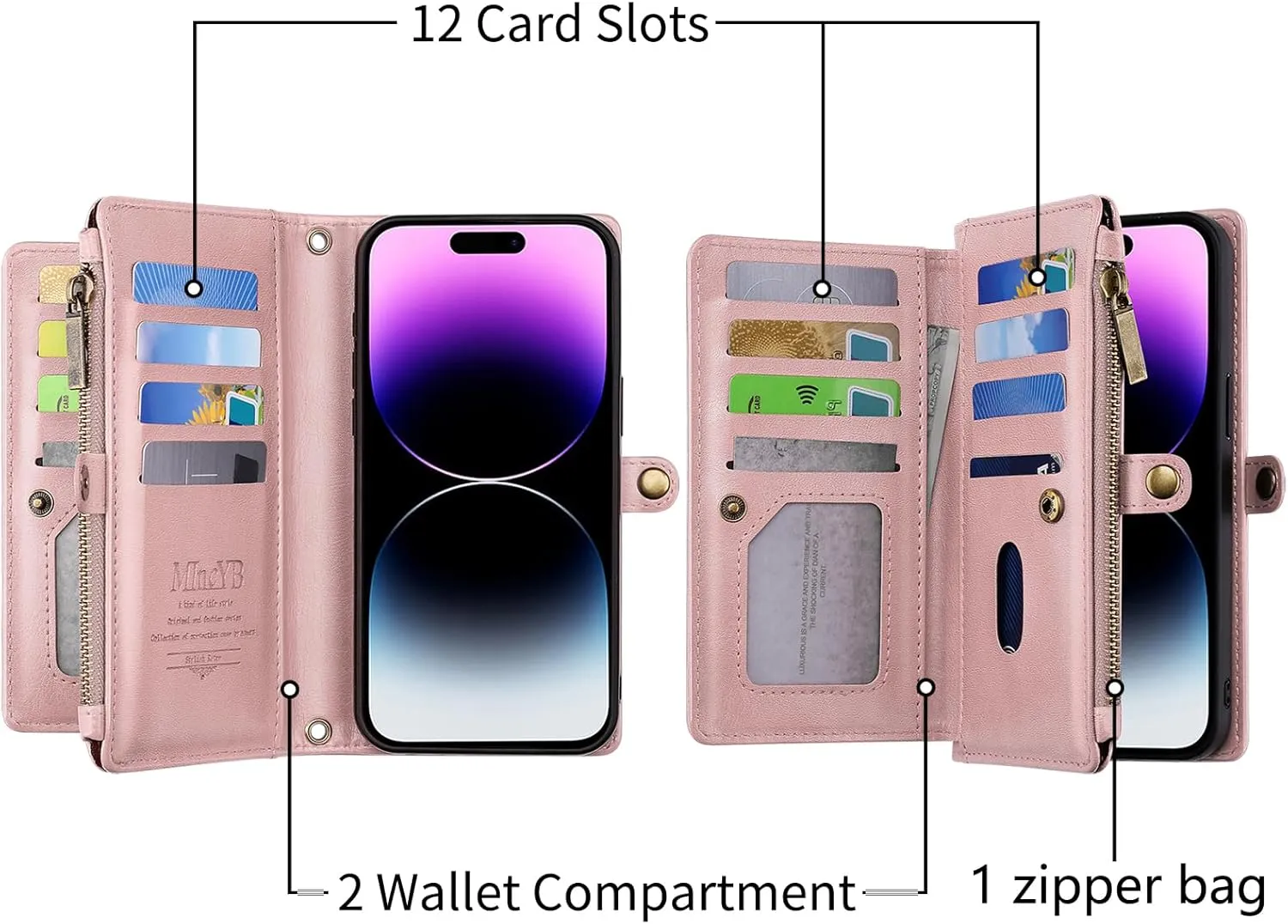 NEW MInCYB for iPhone 14 Pro Max Wallet Case with Card Holder (12 Card Slots) - PU Leather Case for Women & Men, Wireless Charging, Detachable Magnetic, Crossbody Strap, Shockproof Protective Phone Cover., iPhone 14 Pro Max, Pink