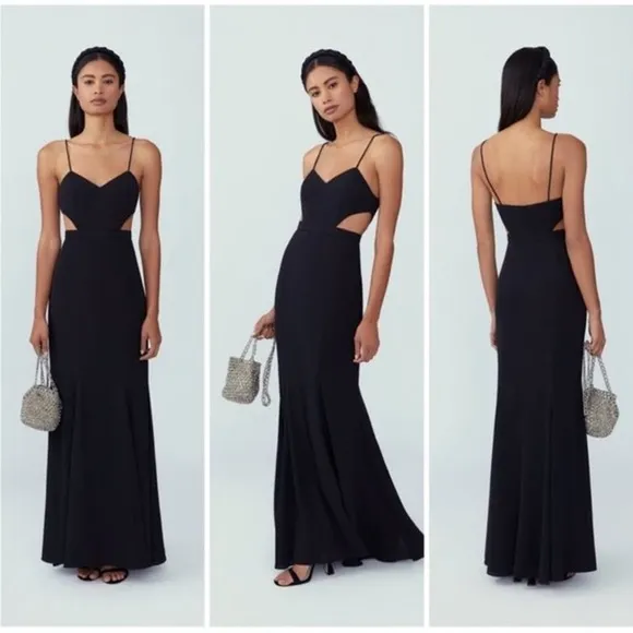 NWT Fame &amp; Partners Shiny‎ Black Strappy Formal Dress Cutouts Slit Size 8