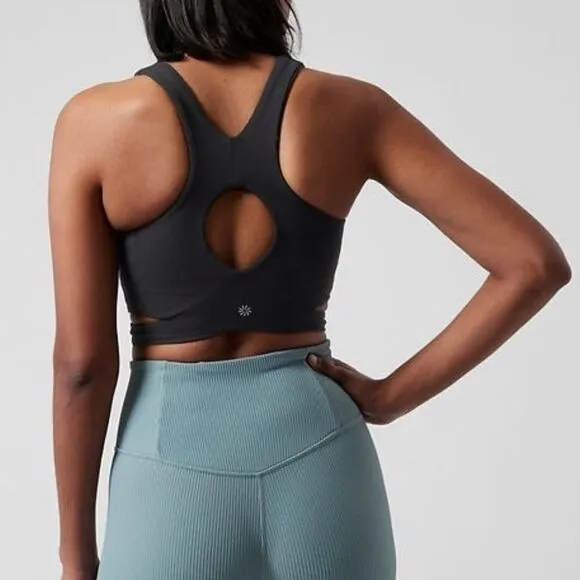 NWT New ATHLETA Conscious Cut Out Crop Bra Top Black Medium D / DD Cup