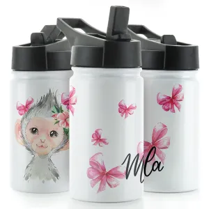 Personalised Monkey Pink Bows and Name White Sports Flask