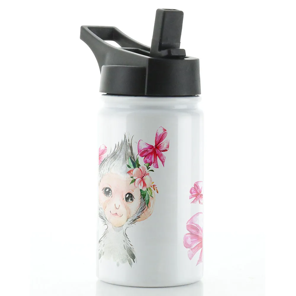 Personalised Monkey Pink Bows and Name White Sports Flask