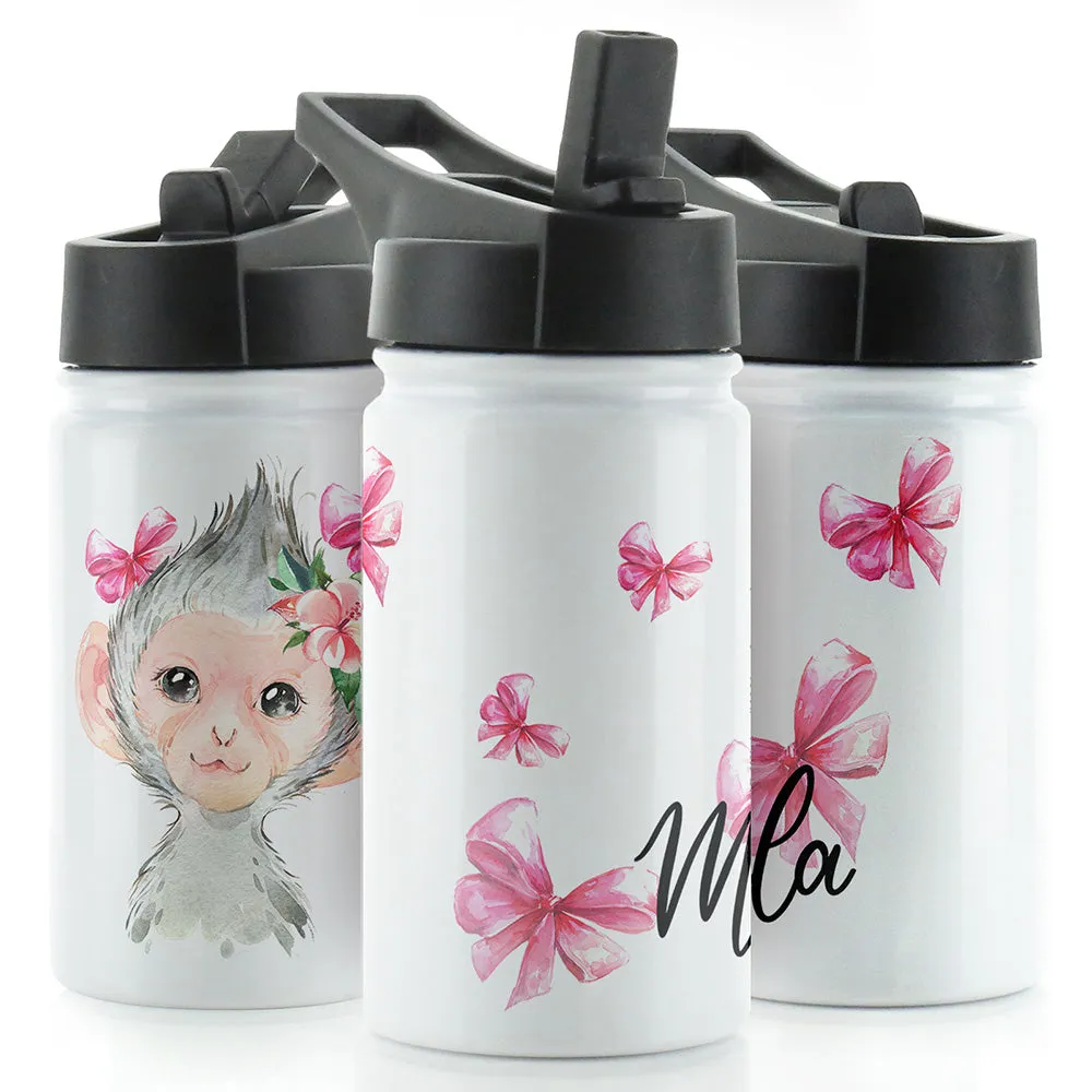 Personalised Monkey Pink Bows and Name White Sports Flask
