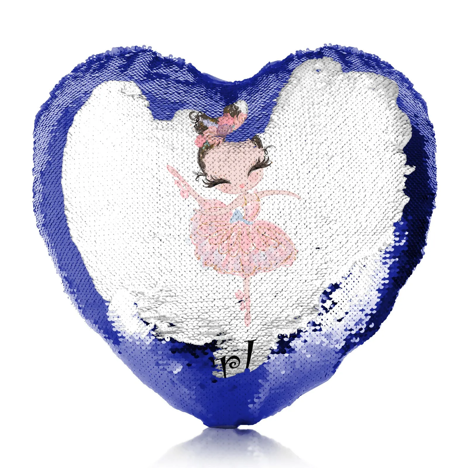 Personalised Sequin Heart Cushion with Cute Text and Brown Hair Pink Dress Ballerina