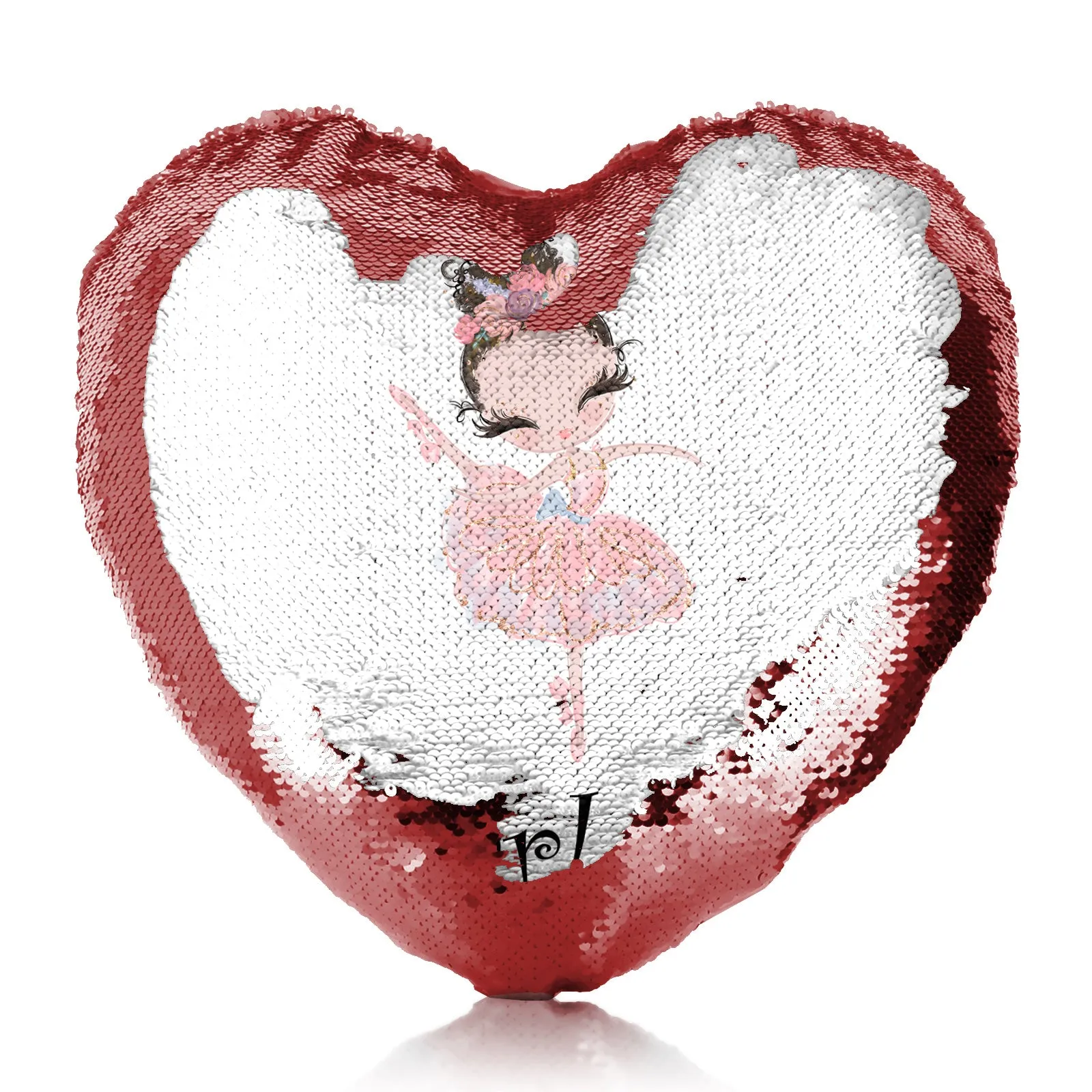 Personalised Sequin Heart Cushion with Cute Text and Brown Hair Pink Dress Ballerina