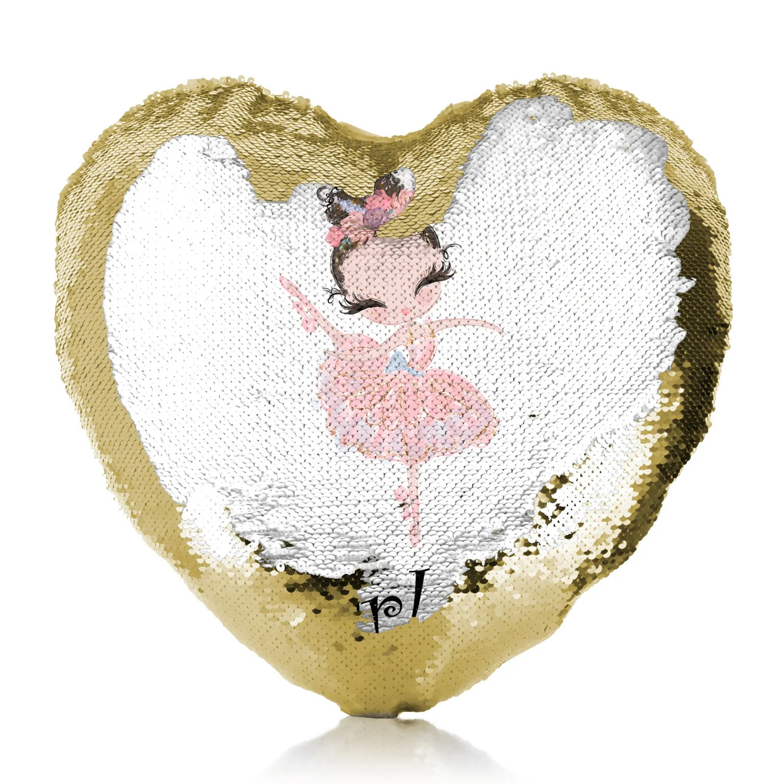 Personalised Sequin Heart Cushion with Cute Text and Brown Hair Pink Dress Ballerina