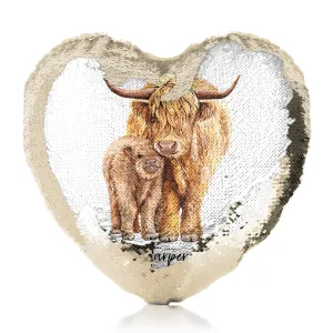 Personalised Sequin Heart Cushion with Welcoming Text and Relaxing Mum and Baby Highland Cows