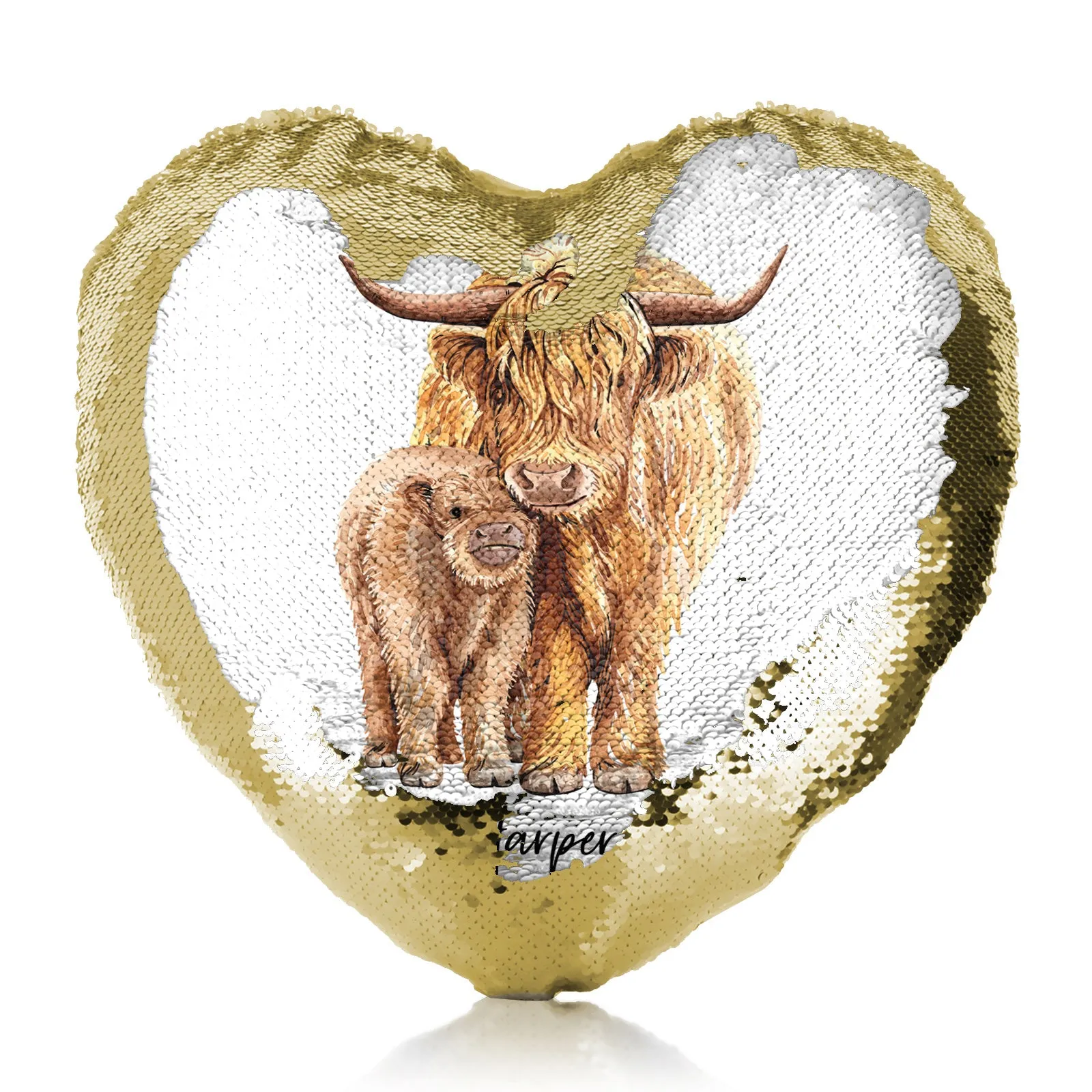 Personalised Sequin Heart Cushion with Welcoming Text and Relaxing Mum and Baby Highland Cows
