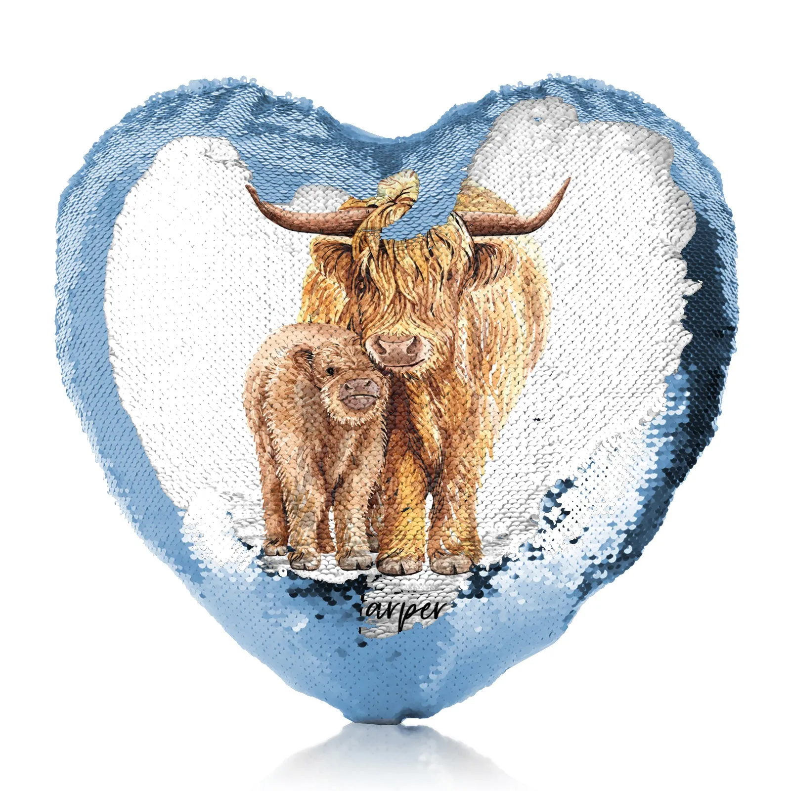 Personalised Sequin Heart Cushion with Welcoming Text and Relaxing Mum and Baby Highland Cows