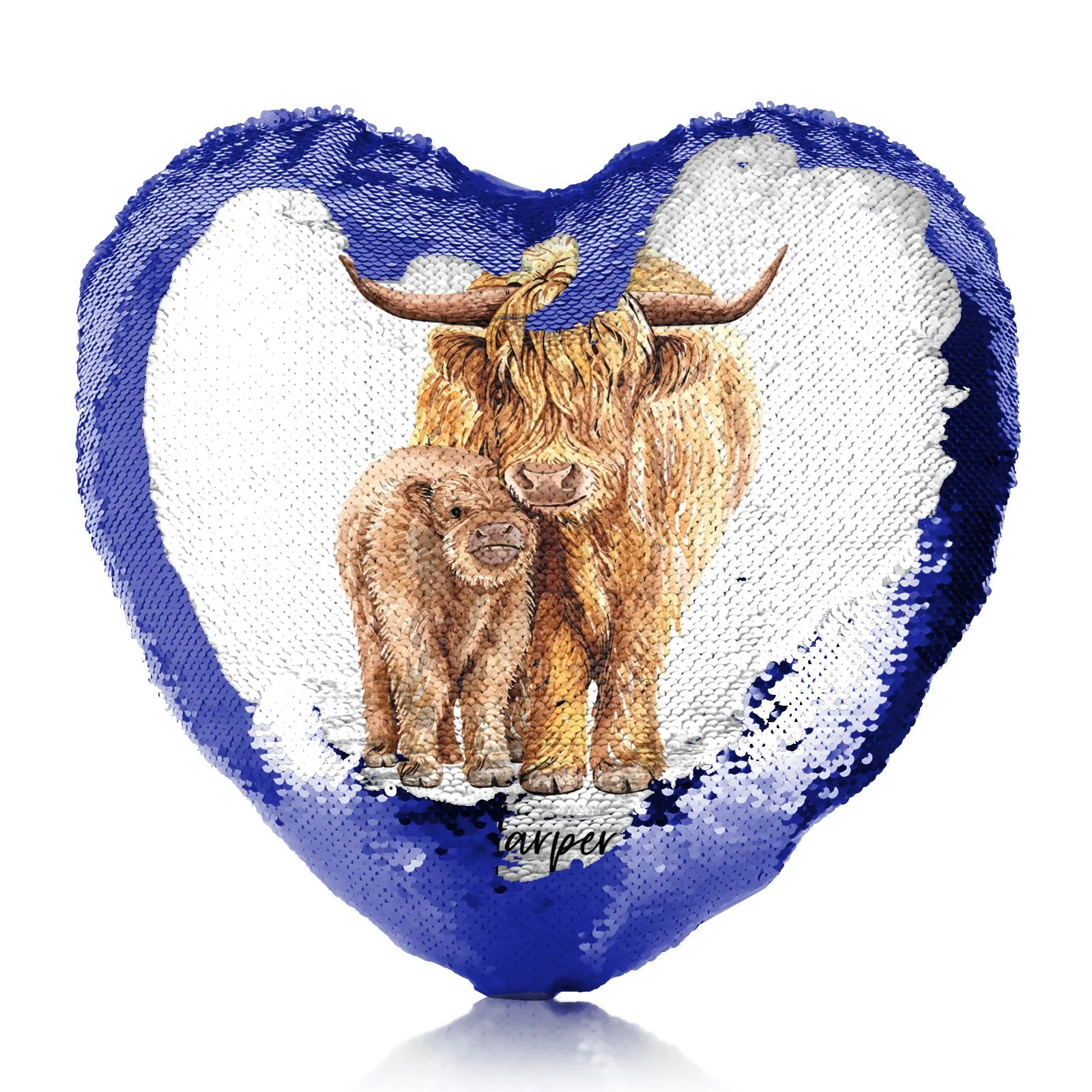 Personalised Sequin Heart Cushion with Welcoming Text and Relaxing Mum and Baby Highland Cows