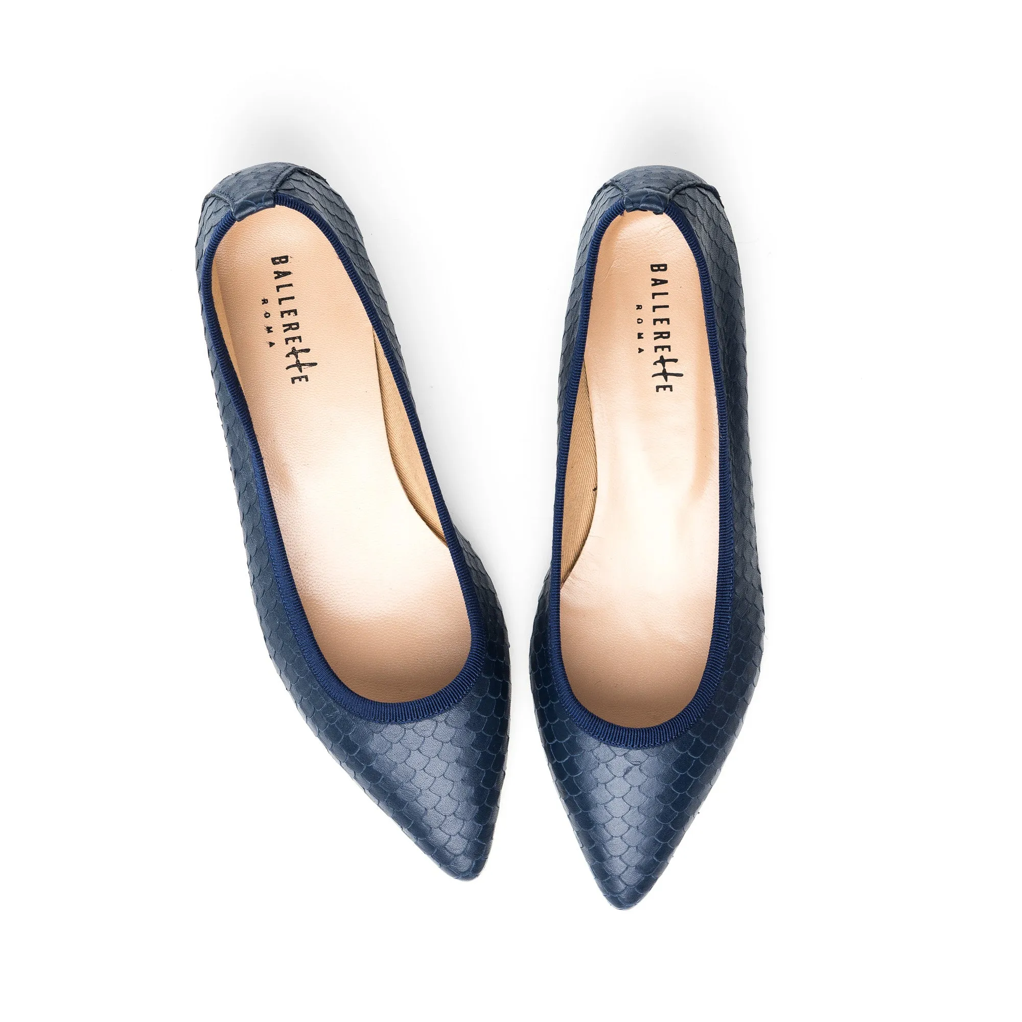Pointed toe ballet flats blue cobra effect leather