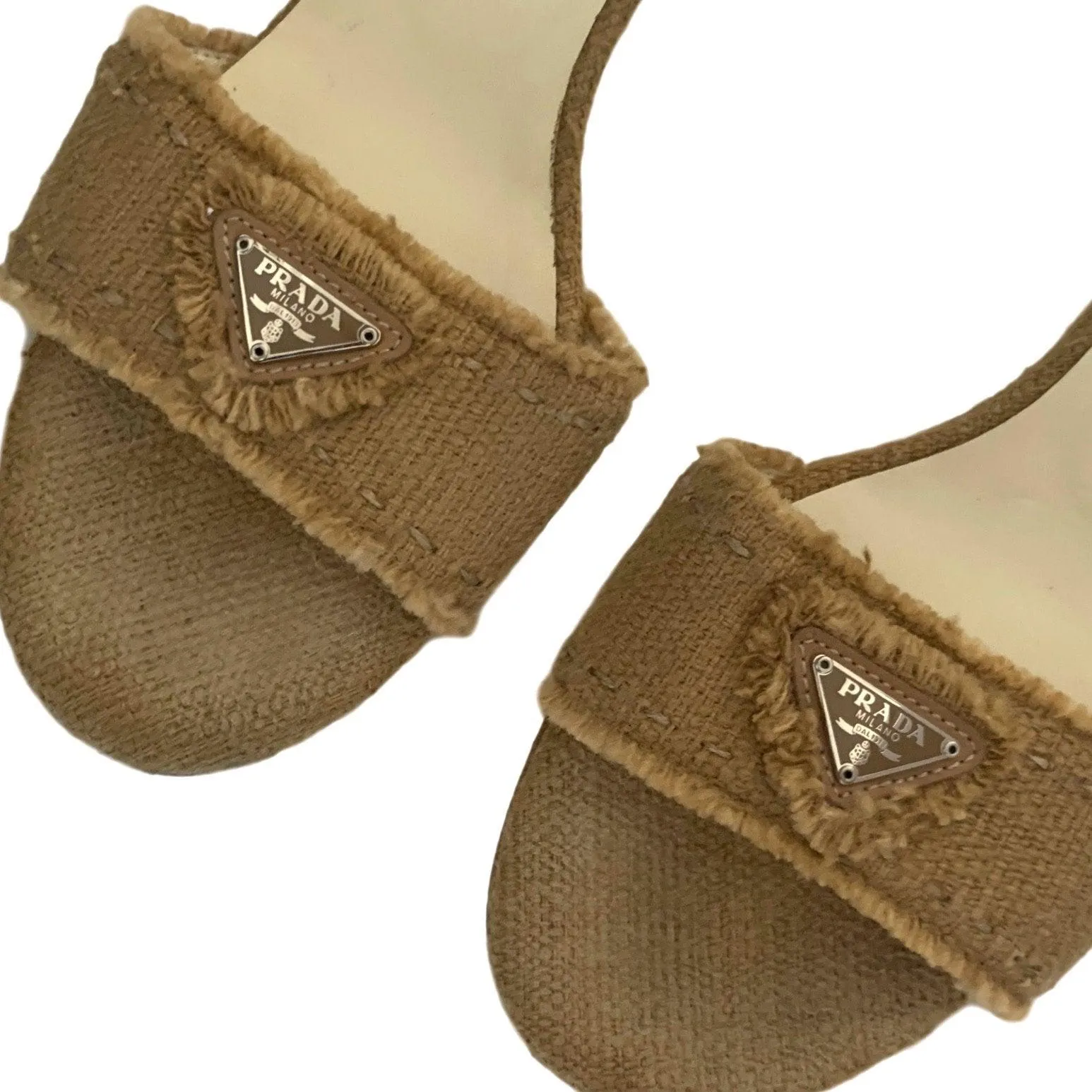 Prada Tan Burlap Logo Slides