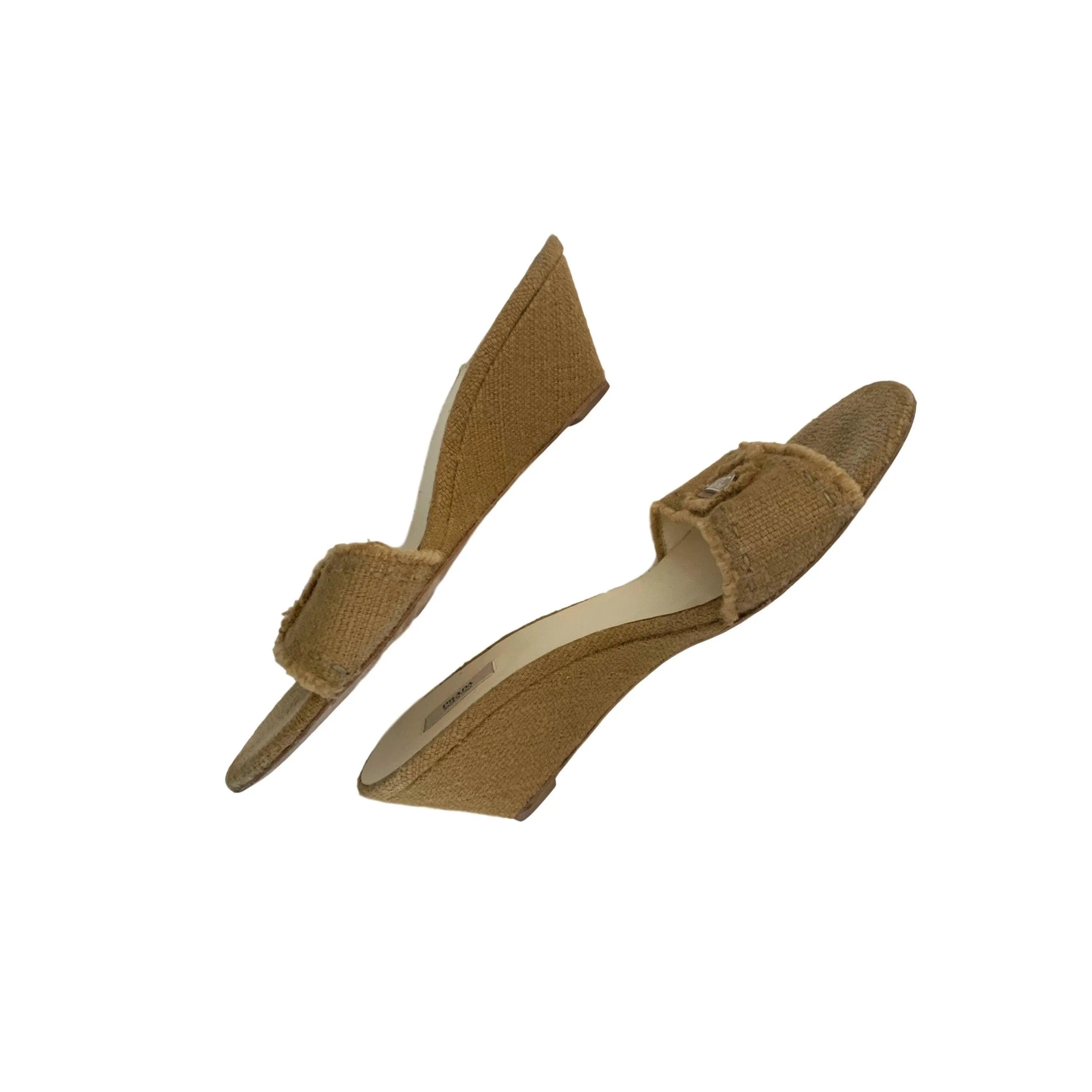 Prada Tan Burlap Logo Slides