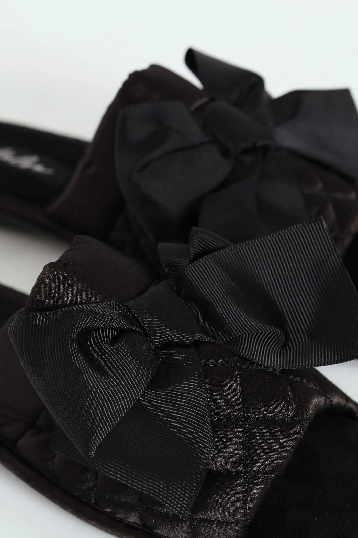 Quilted Open Toe Slipper With Petersham Bow - Black