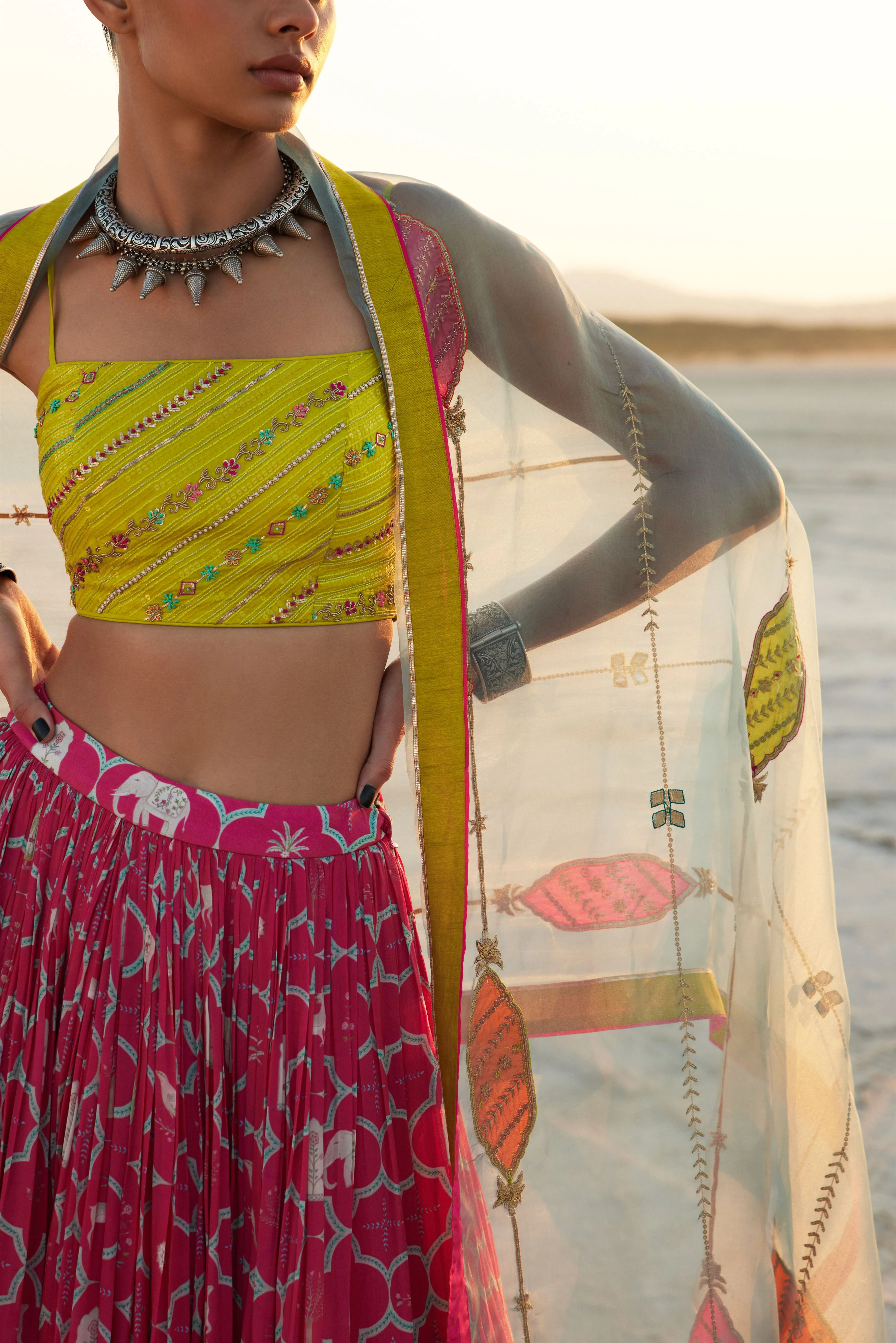 Raji Ramniq   I   Printed Magenta Lime Lahenga Set Dupatta We-107