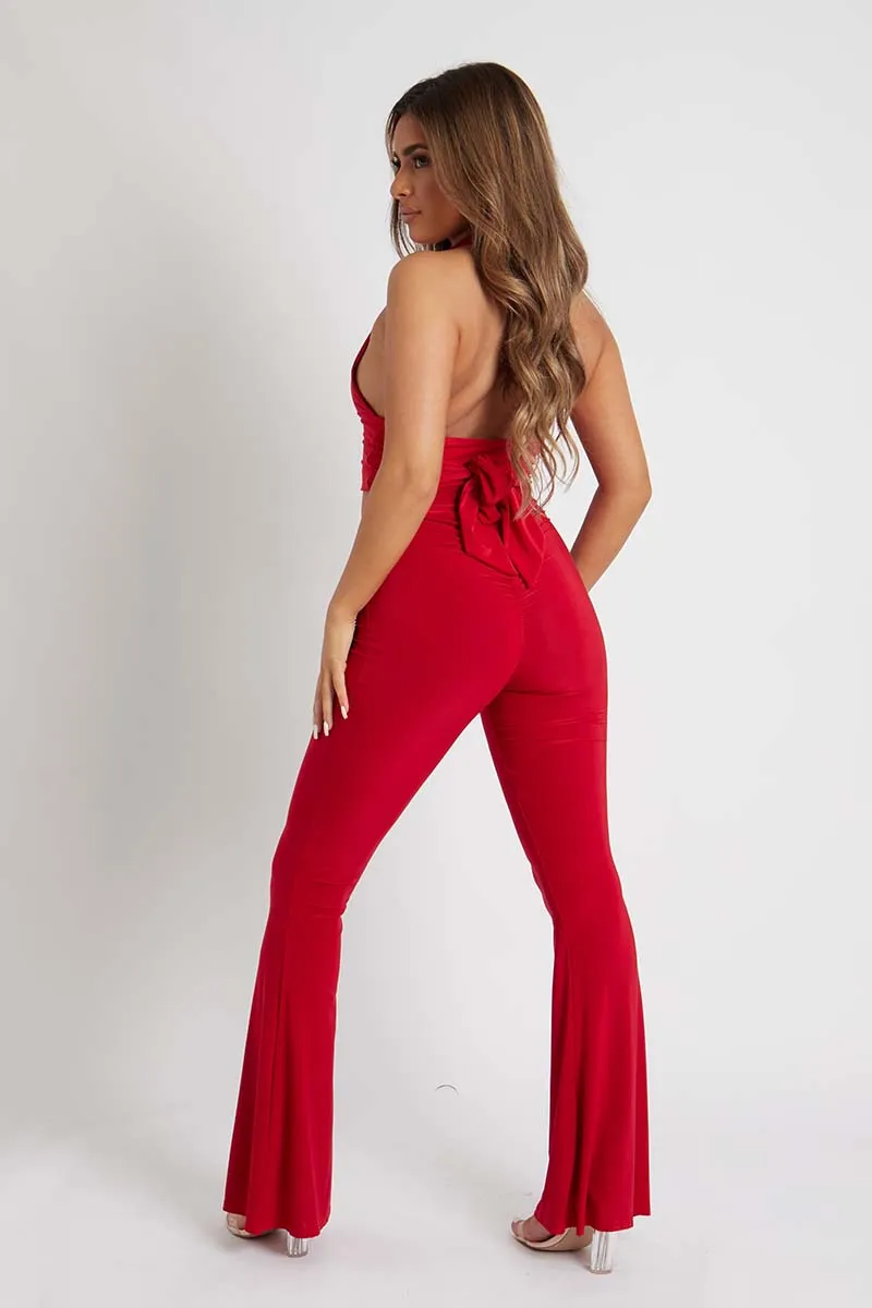 Red Flared Slinky Trousers - Teena