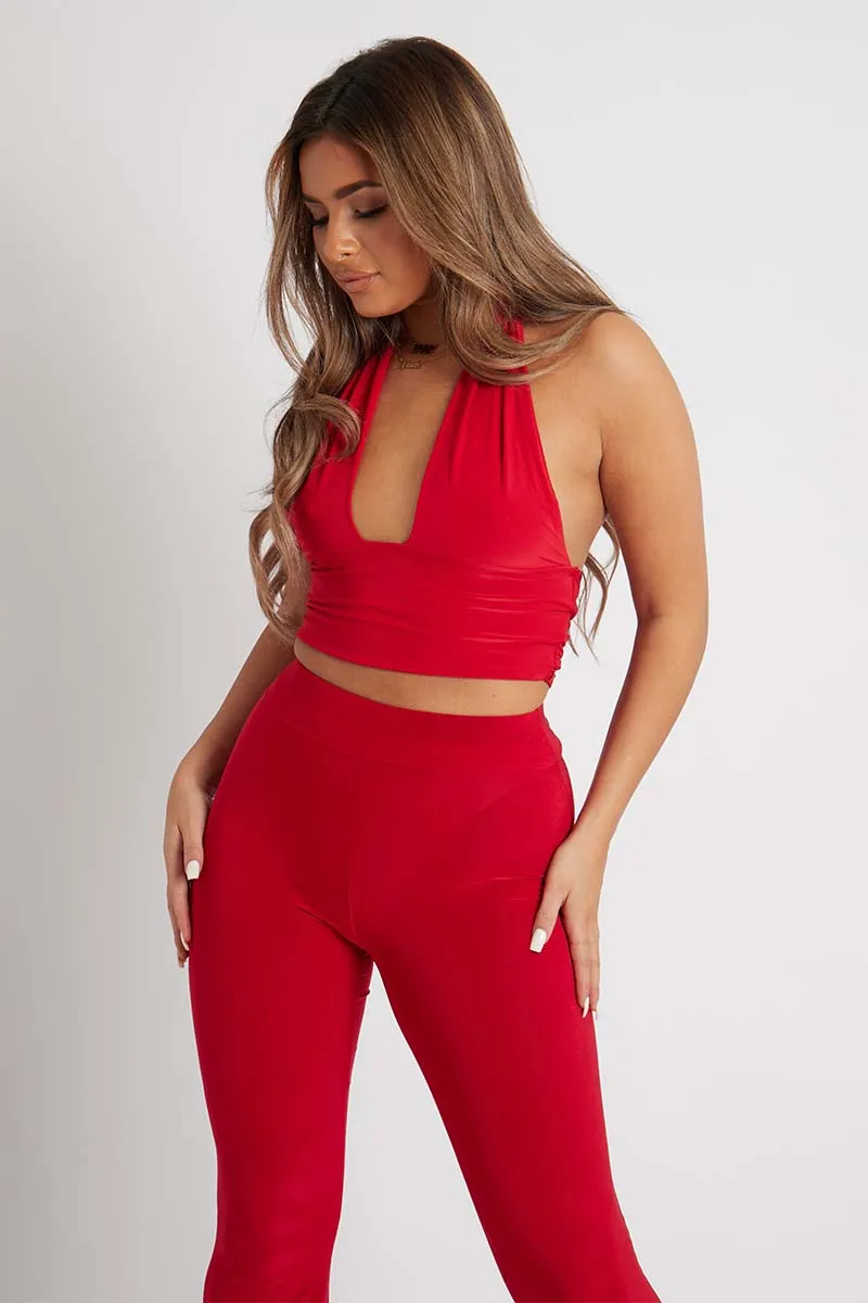Red Flared Slinky Trousers - Teena