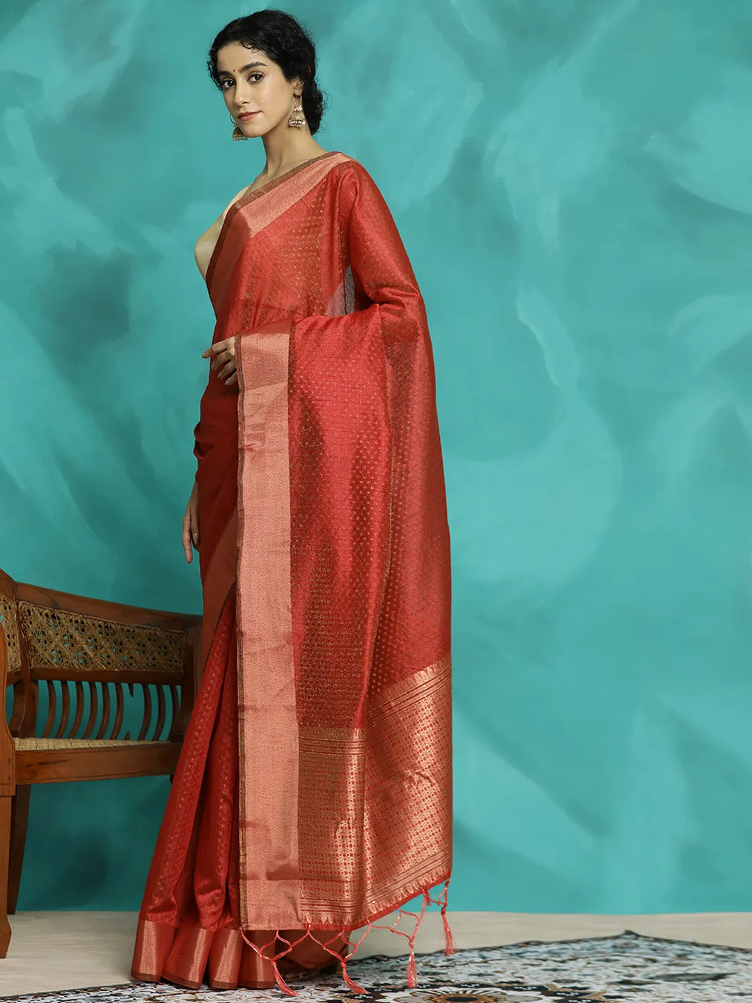 Red Zari Woven Banarasi Organza Red Saree