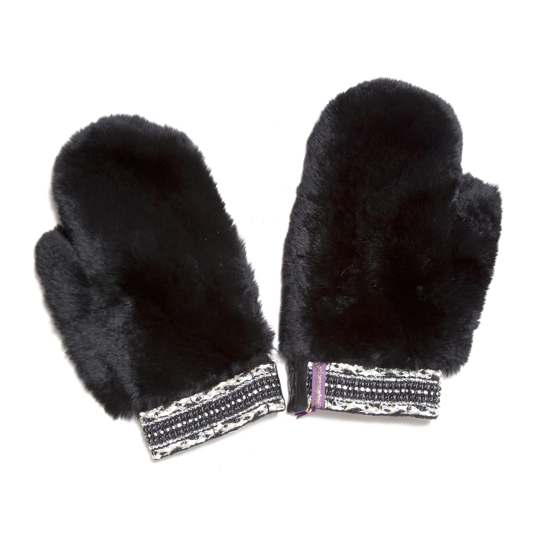 Rex Rabbit Mitten with Embellished Cuff Black or White