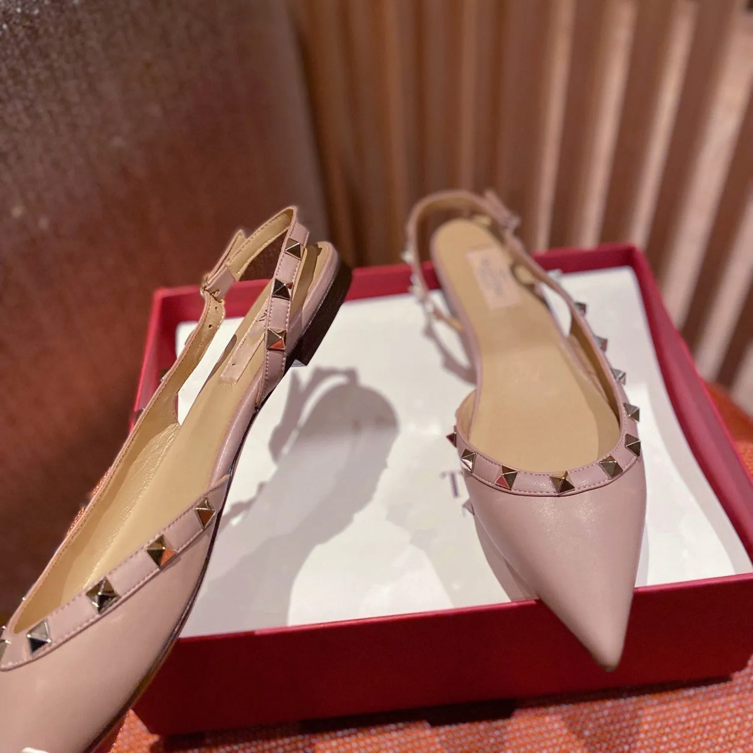 Rockstud Slingback Ballerina Flats Rose Cannelle Leather