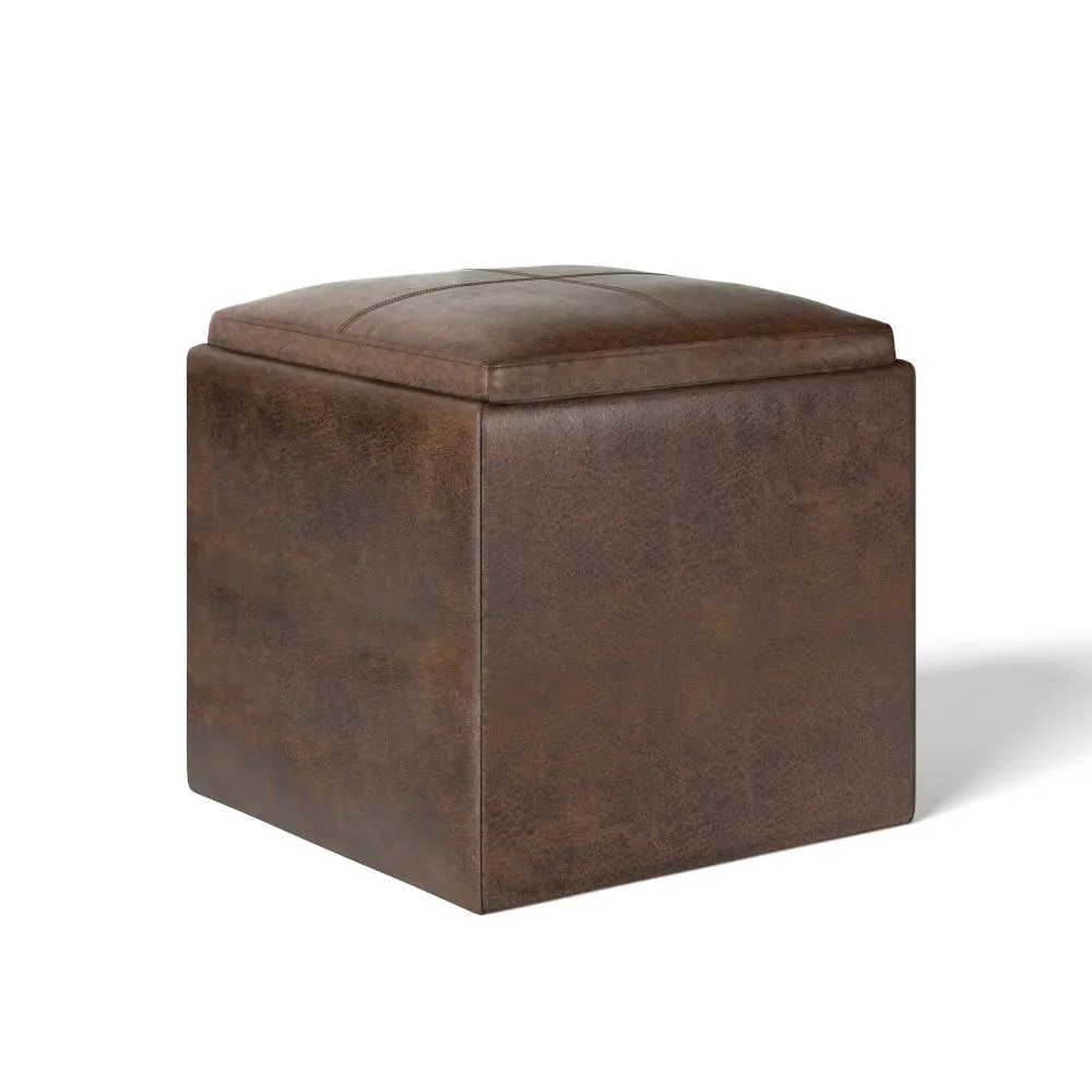 Rockwood Cube Storage Ottoman in Distressed Vegan Leather