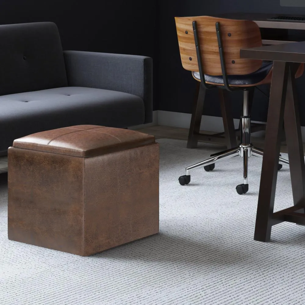 Rockwood Cube Storage Ottoman in Distressed Vegan Leather